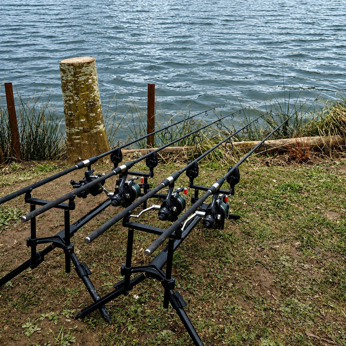 Rod pod posé sur sol dur près d'un ponton, là où le piquet ne peut pas s'enfoncer