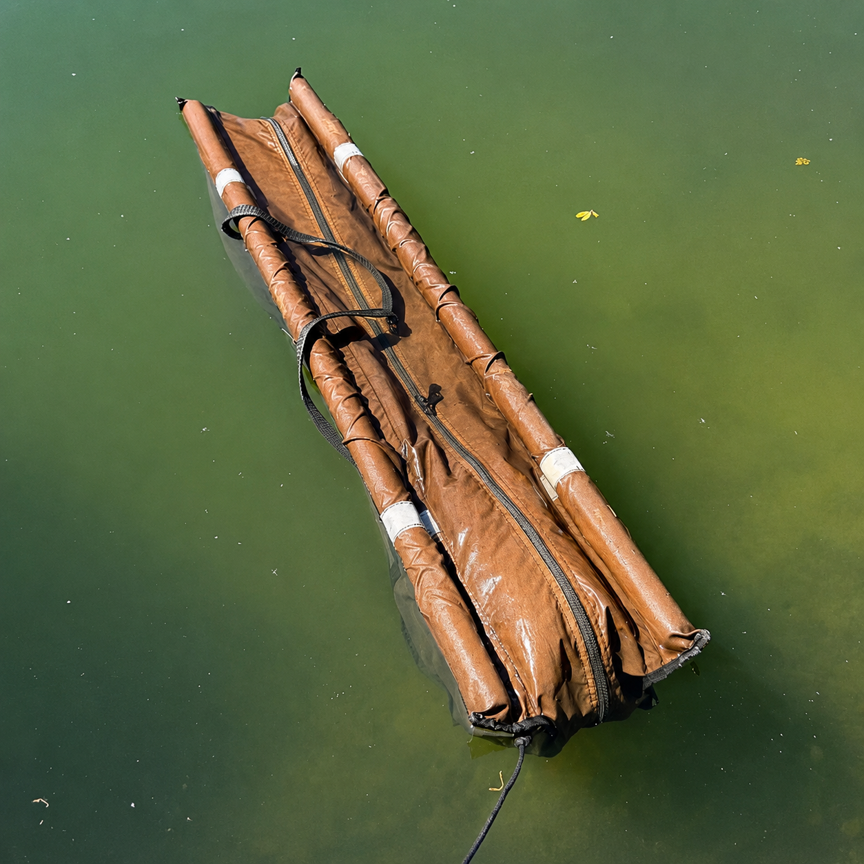 Sac de pesée flottant sur l'eau verte d'un étang, illustration du lien direct entre température de l'eau et activité de la carpe