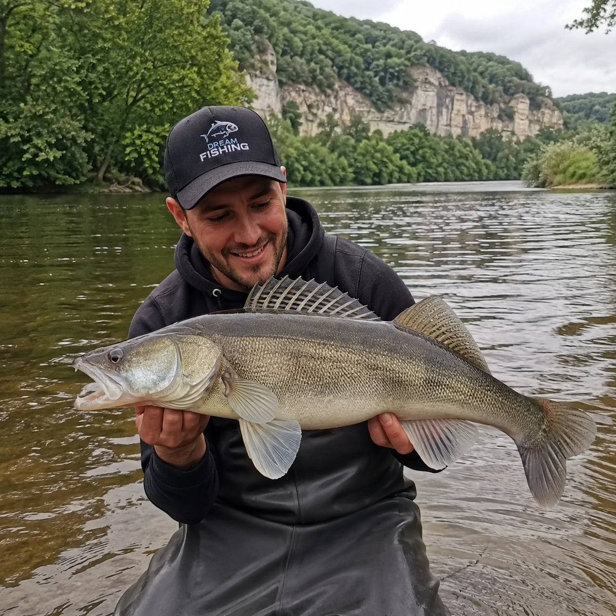 Sandre capturé sur une rivière de Dordogne, espèce présente aux côtés de la carpe