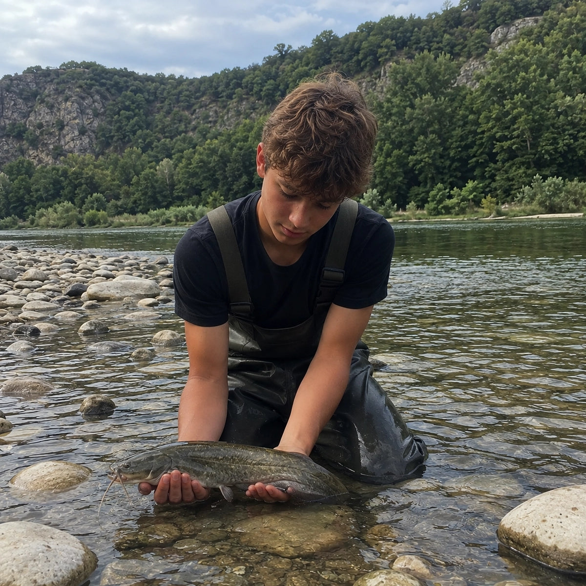 Jeune silure tenu à fleur d'eau avant sa remise à l'eau sur un fond de galets
