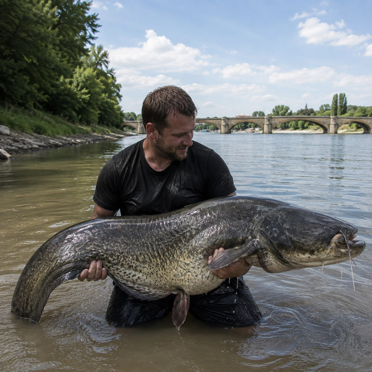 Silure de Saône tenu par un pêcheur dans l'Ain, département à pêche au gros