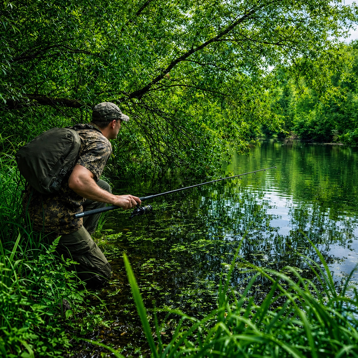 Carpiste en stalking longeant une bordure ombragée, technique de pêche à vue en approche silencieuse