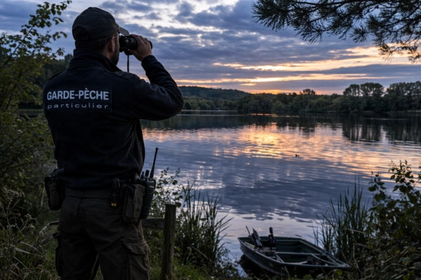 Garde-pêche particulier qui surveille le bord d'un lac