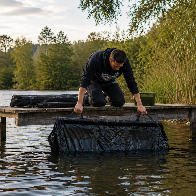 Pêcheur immergeant un tapis de réception carpe au bord de l'eau