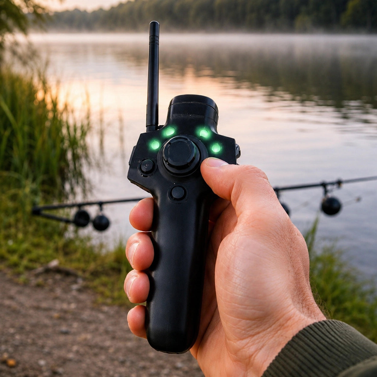 Télécommande du Deeper Quest en main avec LEDs vertes allumées