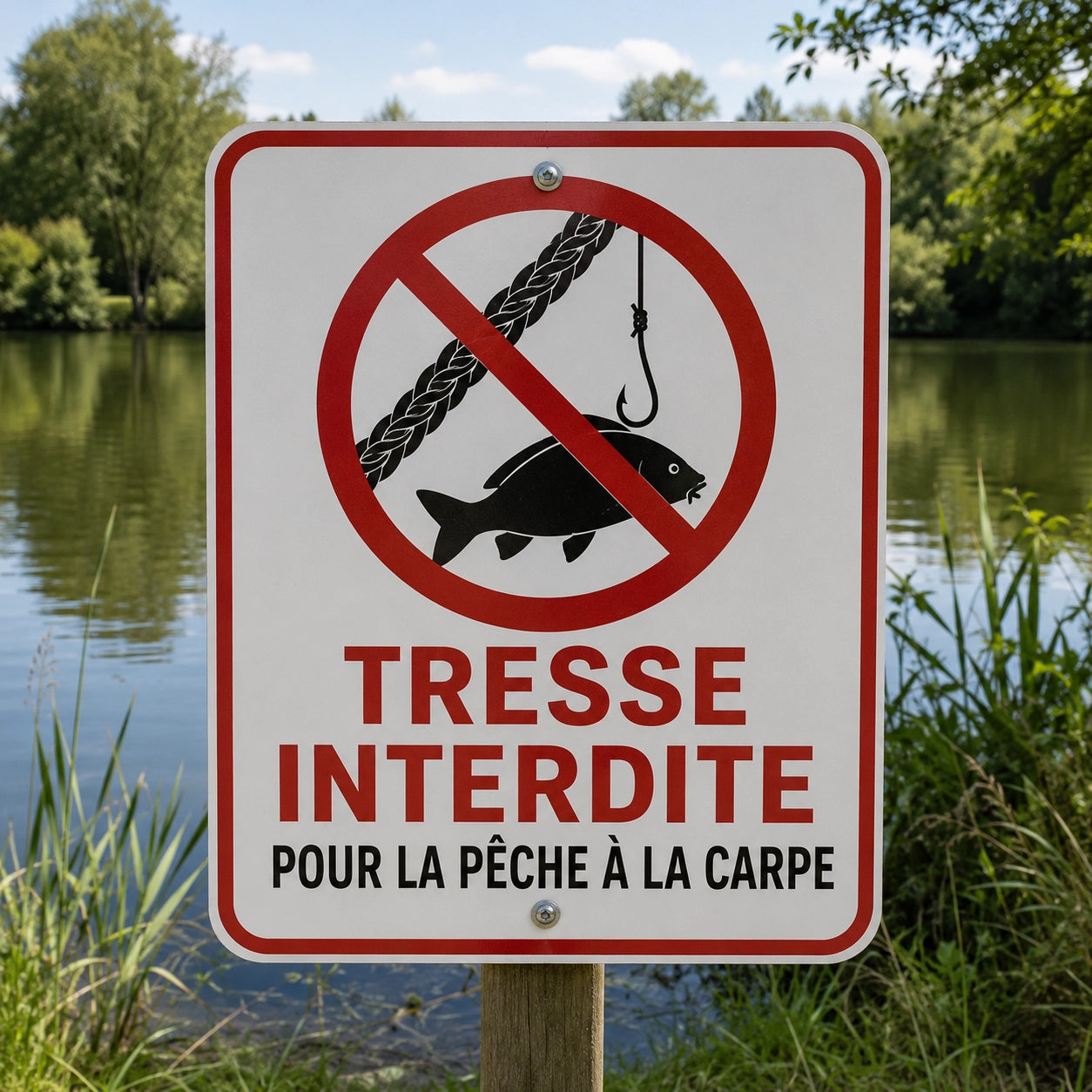 Panneau « Tresse interdite pour la pêche à la carpe » au bord d'un plan d'eau