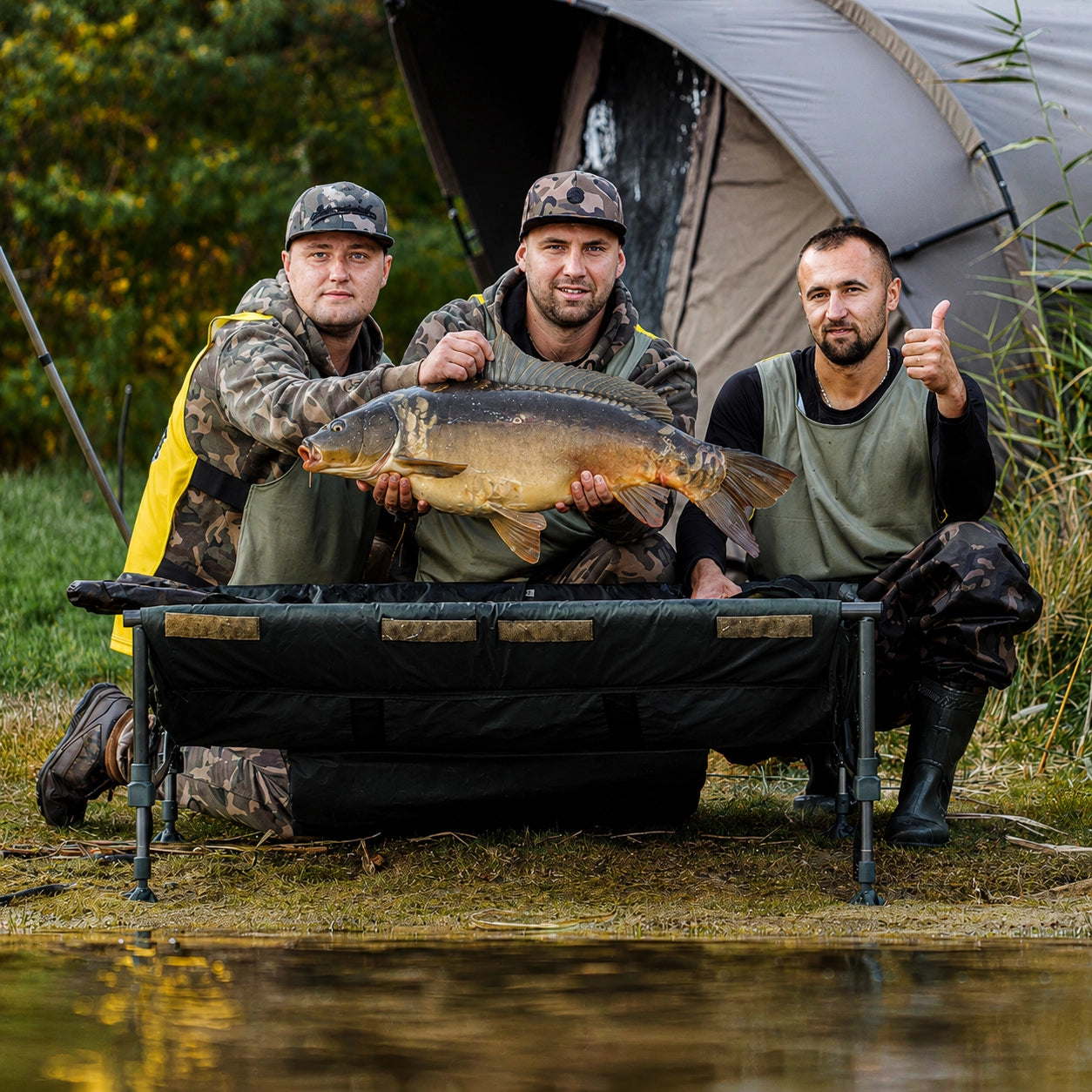 Trois carpistes posant avec une carpe miroir record devant leur bivvy
