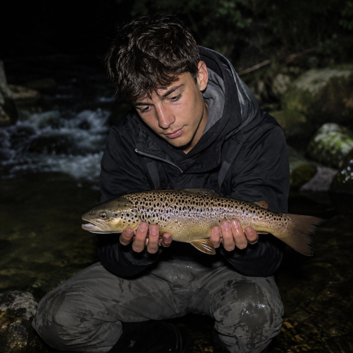 Truite fario remise à l'eau dans un torrent des Hautes-Alpes, département classé en première catégorie