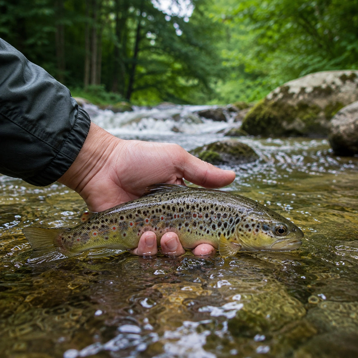Remise à l'eau d'une truite fario dans une rivière courante du sud du département