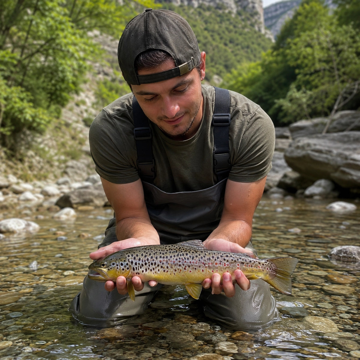 Remise à l'eau d'une truite fario dans une rivière de montagne de la Drôme