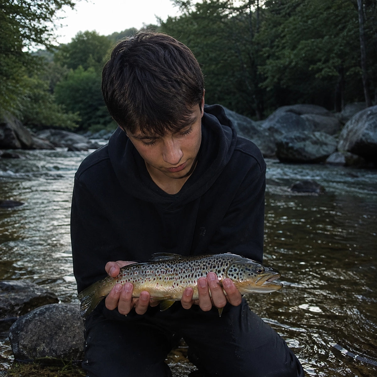 Jeune pêcheur tenant une truite fario dans une rivière vive à blocs rocheux, milieu de première catégorie