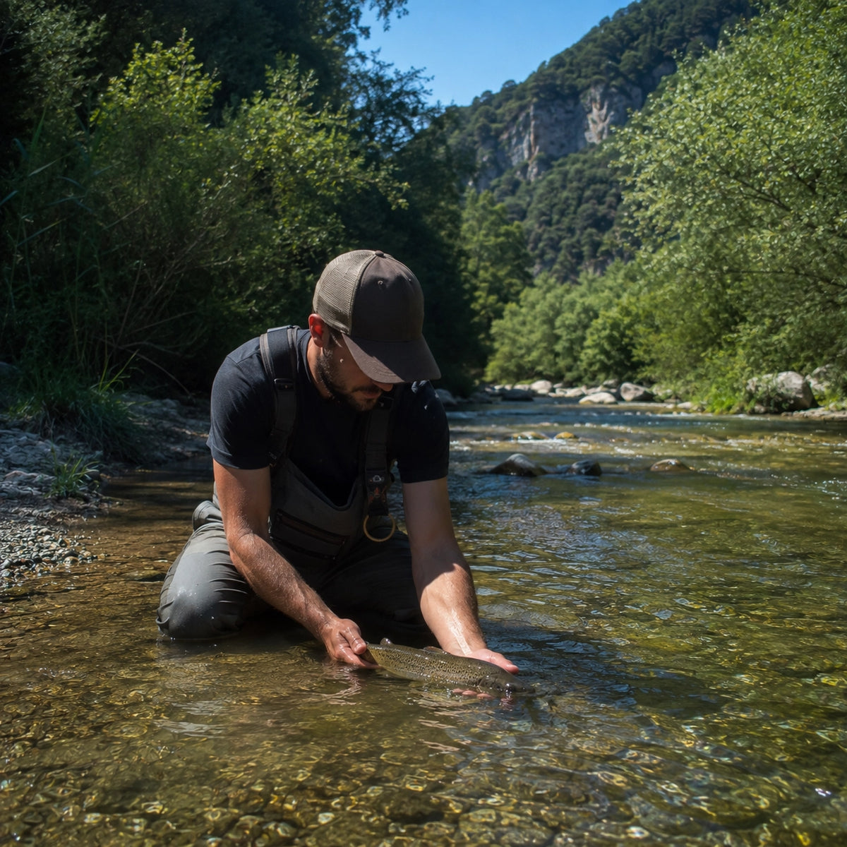 Truite relâchée dans une rivière des Alpes-de-Haute-Provence, département salmonicole