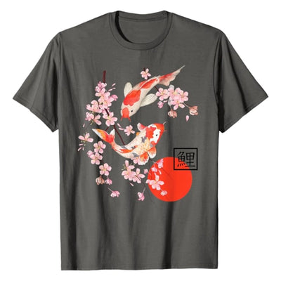 T-shirt gris illustré d'une carpe koï et de fleurs de cerisier