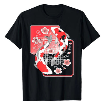 T-shirt noir orné de deux carpes koï nishikigoi en composition circulaire