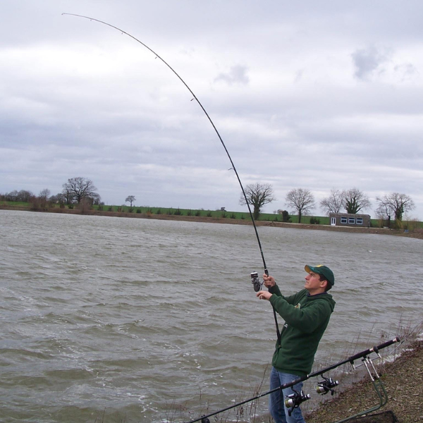 une canne à carpe en action de pêche