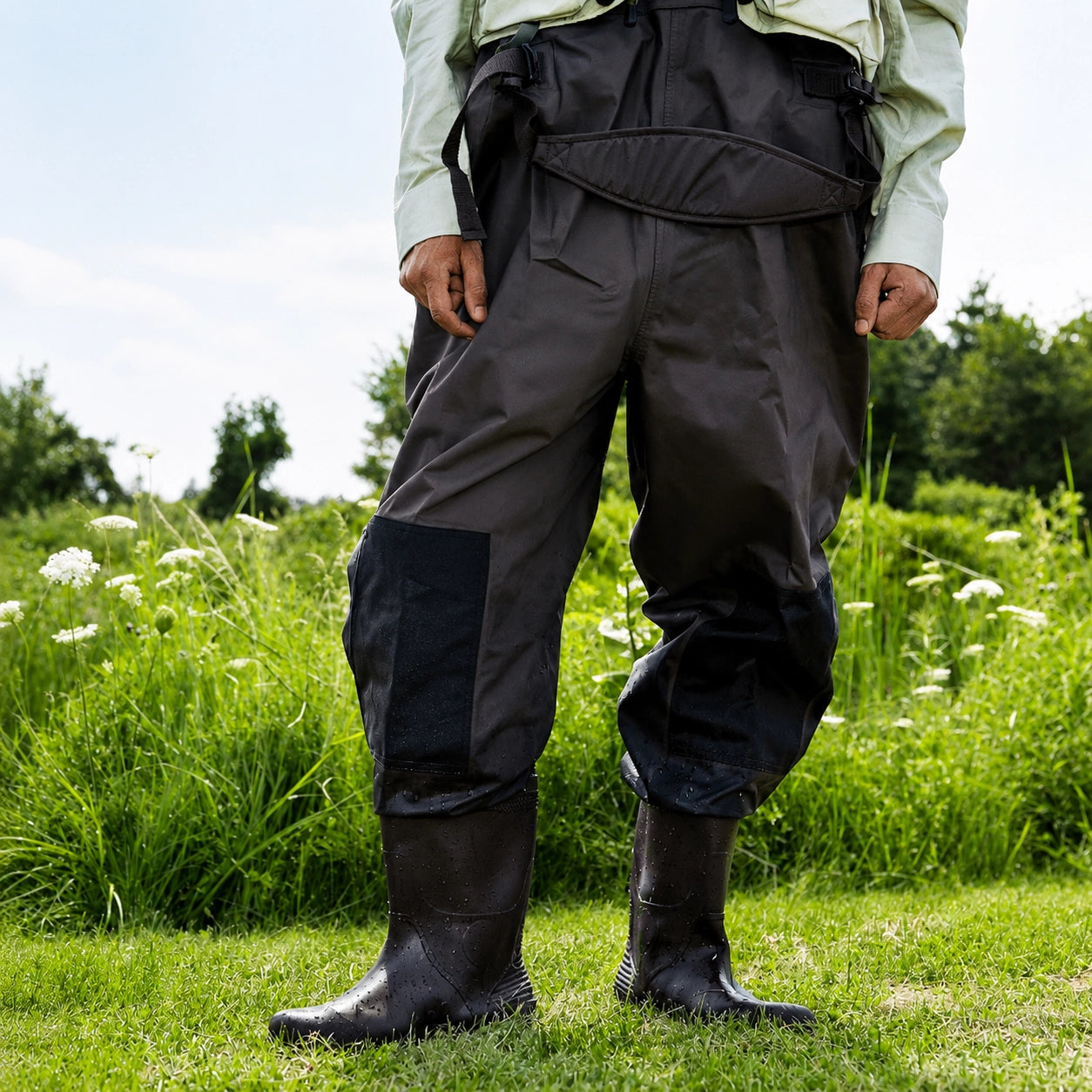 Waders à bottes intégrées avec ceinture ventrale portés au bord d'un étang