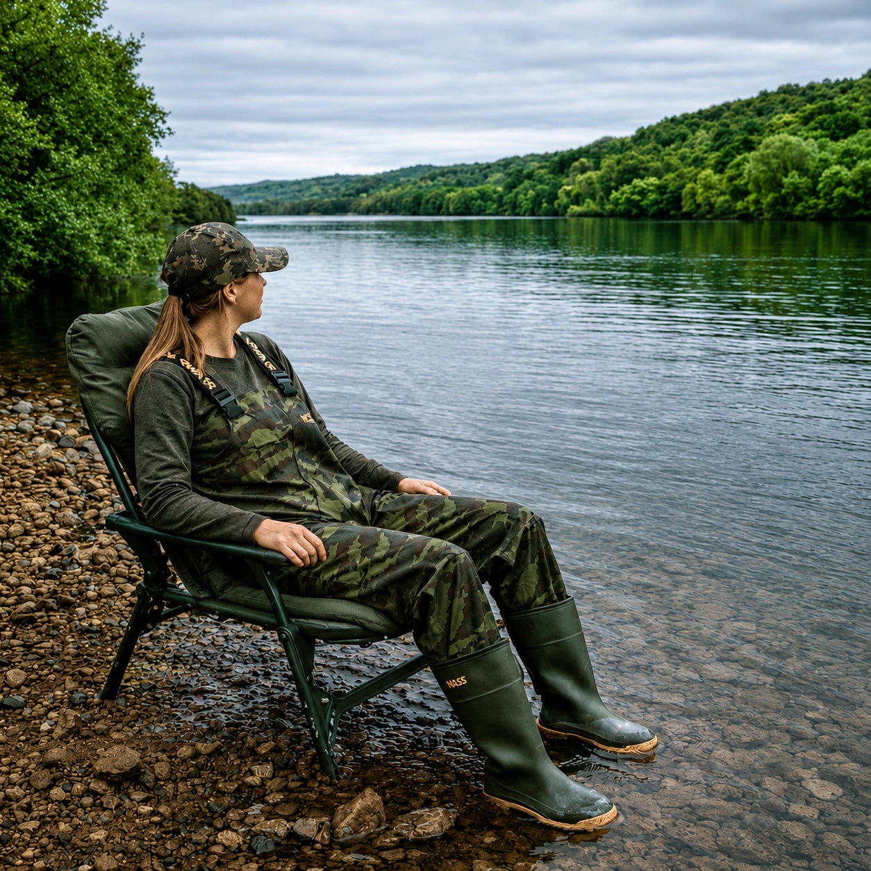Pêcheuse en waders camouflage assise en bord de rivière, bottes dans l'eau