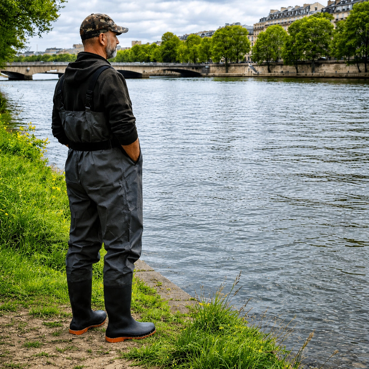 Pêcheur en waders au bord d'un fleuve en ville