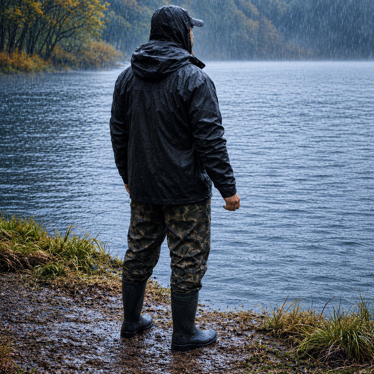 Carpiste en waders et veste de pluie face au lac sous une averse