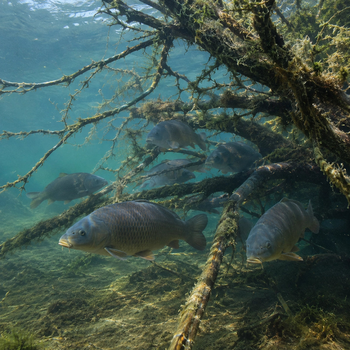 Groupe de carpes réfugiées sous des branches immergées, zone de tenue typique